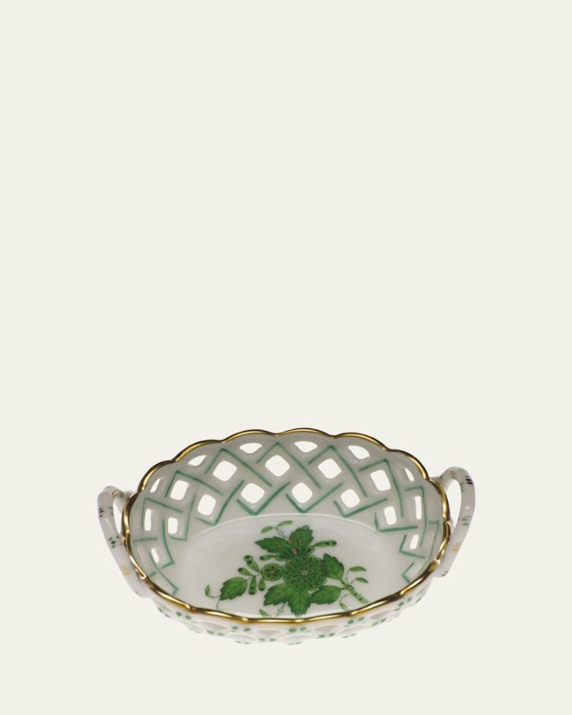 Chinese Bouquet Green Small Openwork Basket with Handles